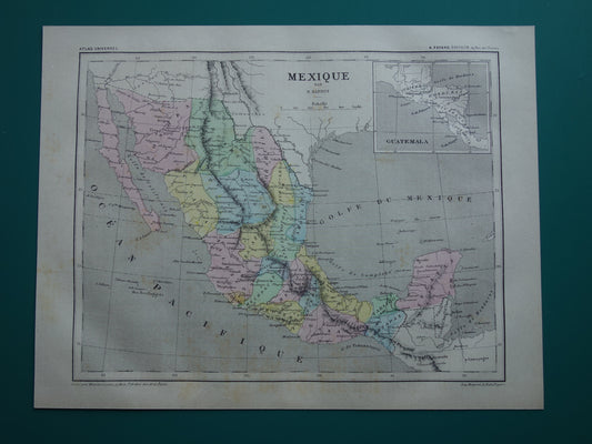 MEXICO oude handgekleurde kaart van Mexico uit 1877 originele antieke Franse landkaart