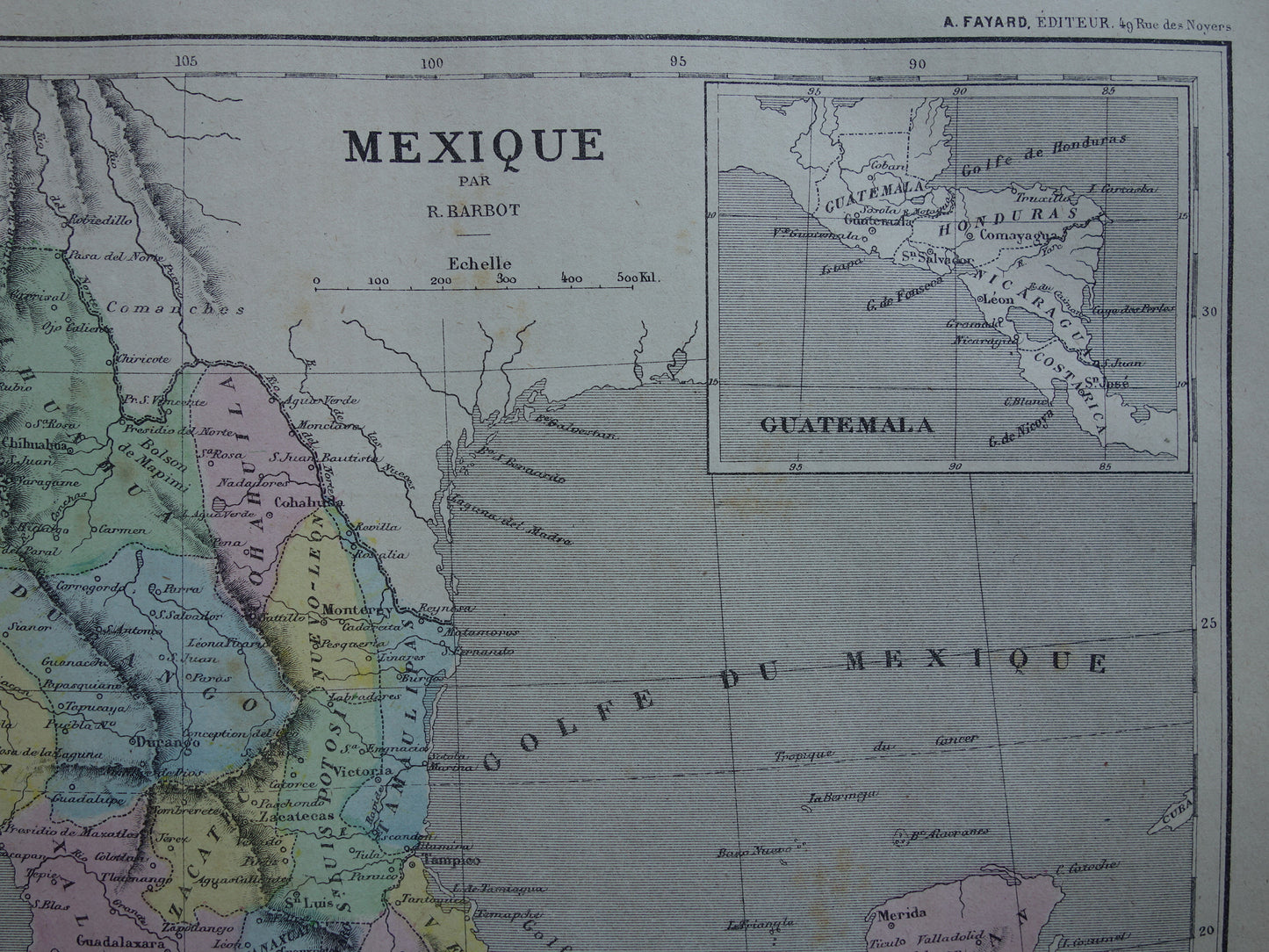 MEXICO oude handgekleurde kaart van Mexico uit 1877 originele antieke Franse landkaart