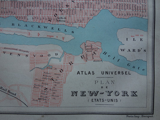 NEW YORK oude plattegrond uit 1877 originele antieke Franse kaart van New-York City