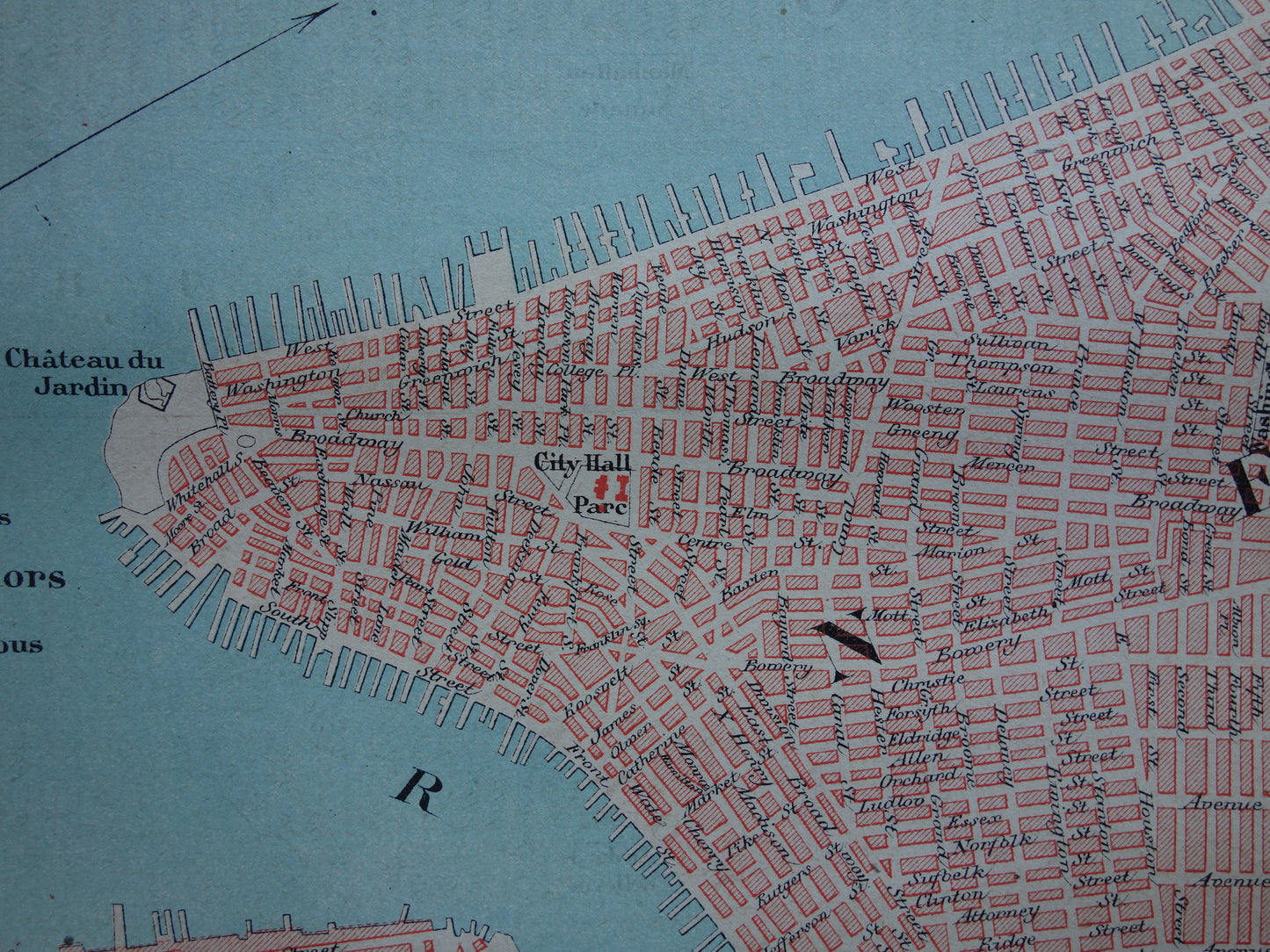 NEW YORK oude plattegrond uit 1877 originele antieke Franse kaart van New-York City