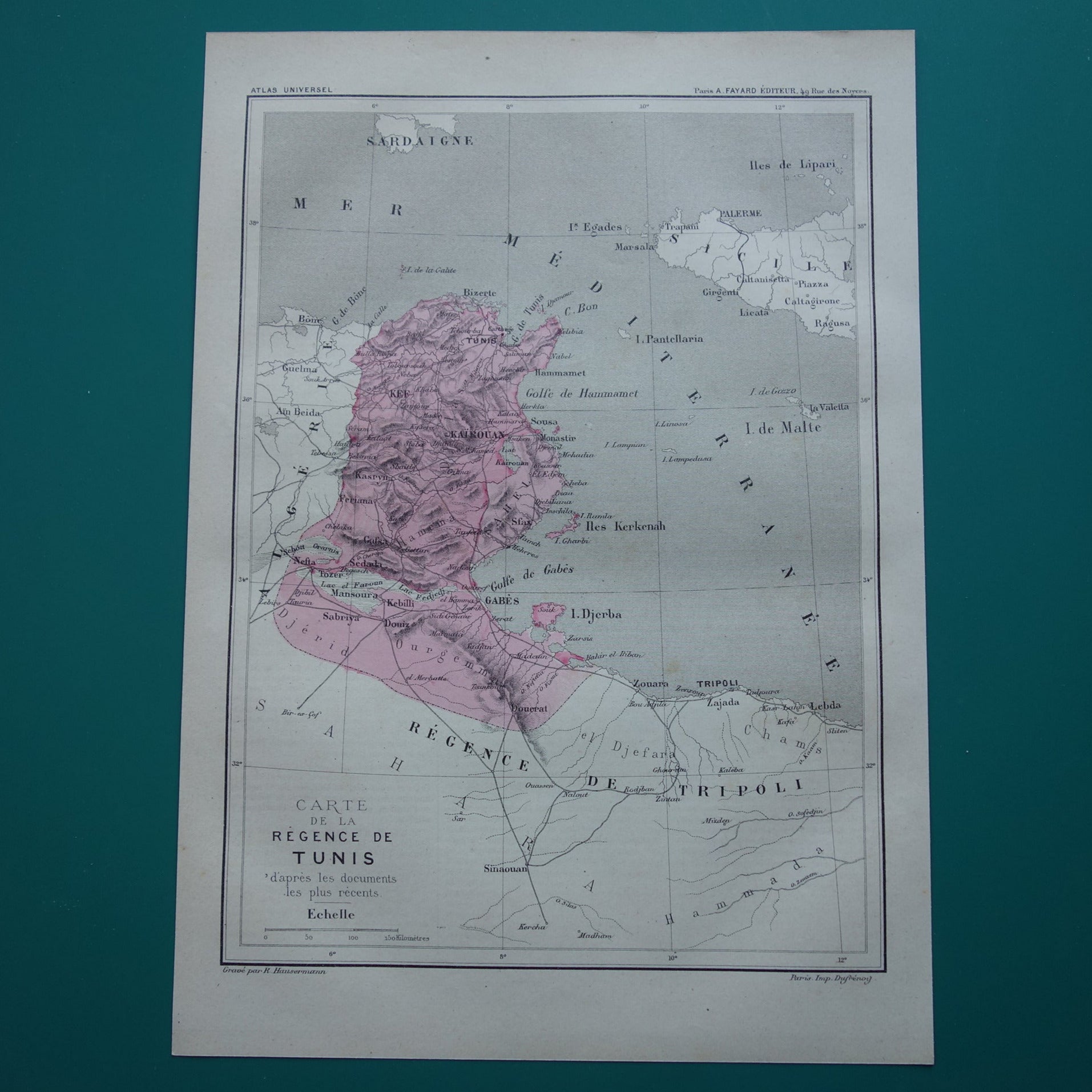 Oude kaart van Tunesië 1877 originele antieke handgekleurde Franse landkaart Tunis vintage kaarten