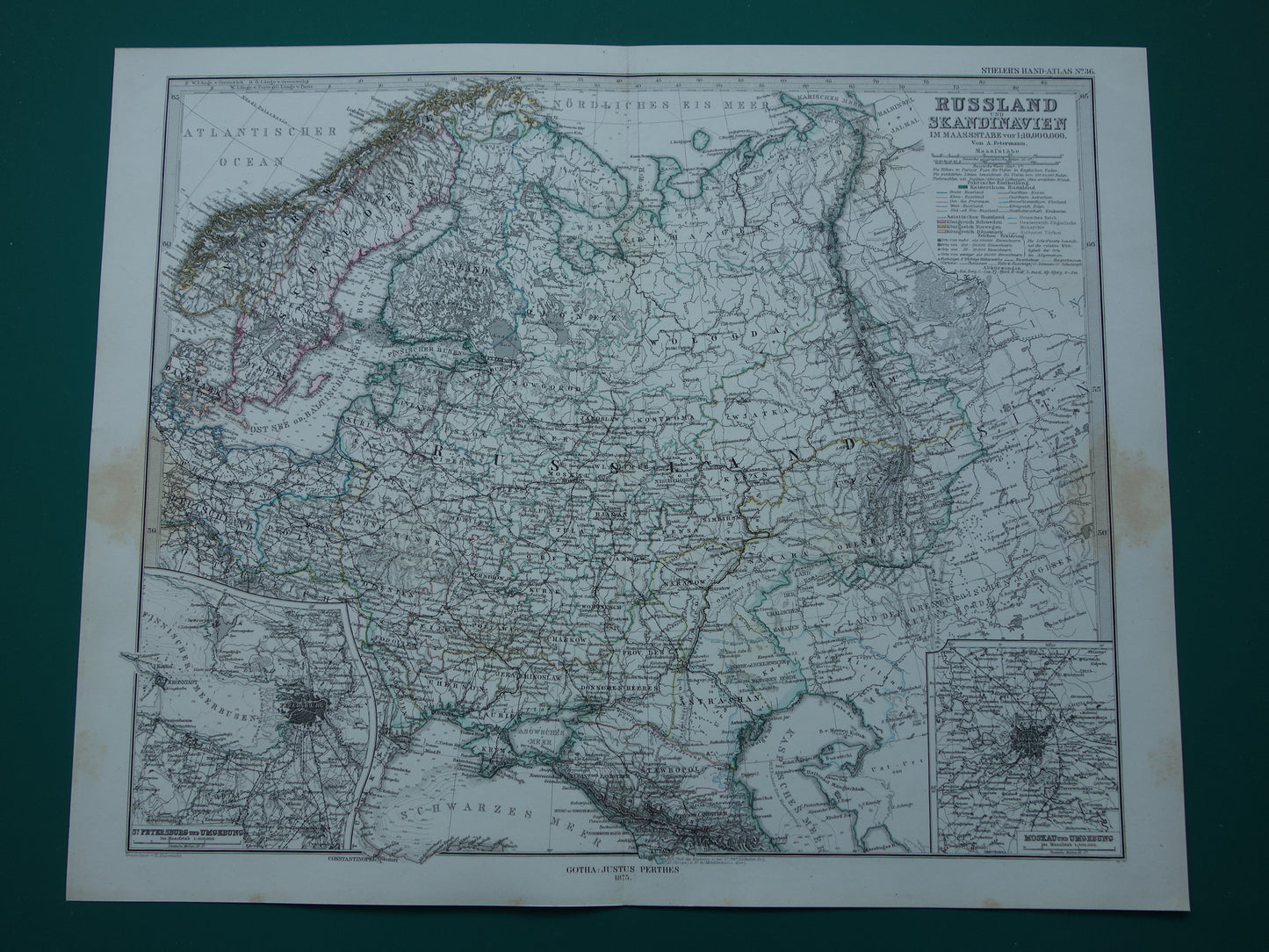 RUSLAND Oude kaart van Europees Rusland originele antieke handgekleurde landkaart uit 1875 met jaartal en kaarten van Moskou en Sint-Petersburg