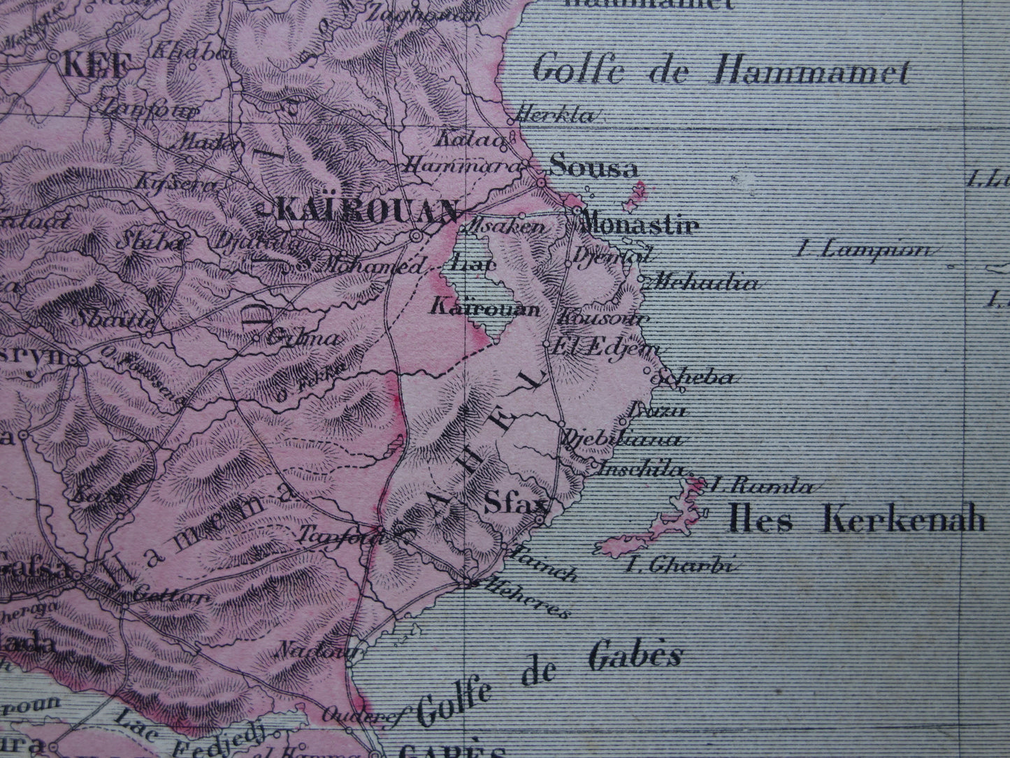 Oude kaart van Tunesië 1877 originele antieke handgekleurde Franse landkaart Tunis vintage kaarten