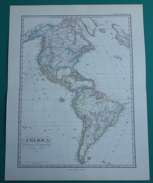 NOORD EN ZUID-AMERIKA oude kaart van VS Canada Patagonië Brazilië 1877 originele antieke Duitse handgekleurde landkaart poster met jaartal