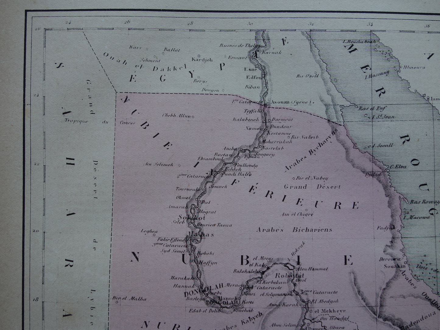 Oude kaart van Nubië en Abessinië 1877 originele antieke handgekleurde Franse landkaart Ethiopië Egypte Soedan Nubia vintage kaarten