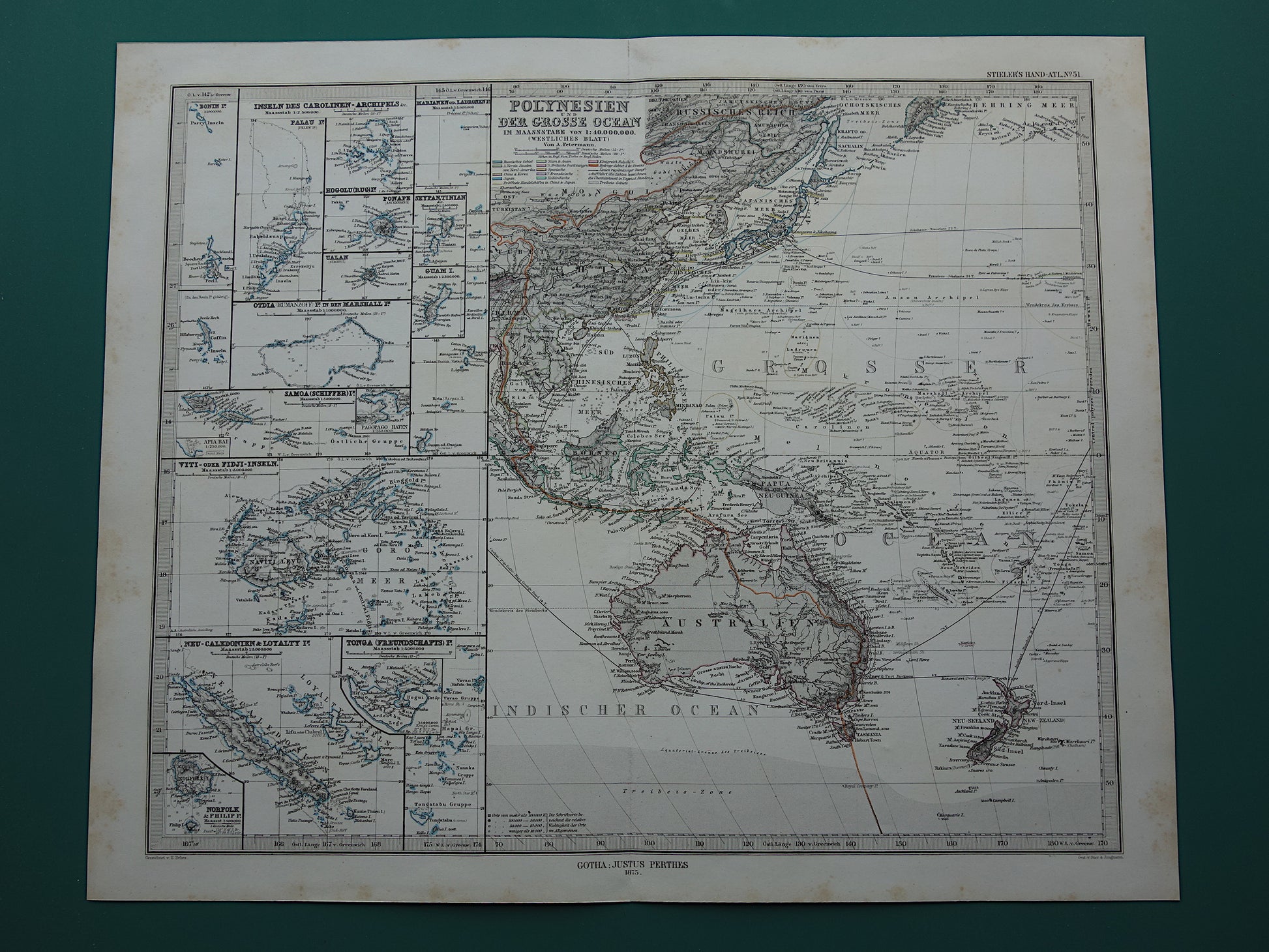 OCEANIË Australië antieke kaart uit 1875 originele oude print van Polynesië Indonesië gedetailleerde vintage kaarten Fiji Tonga Samoa