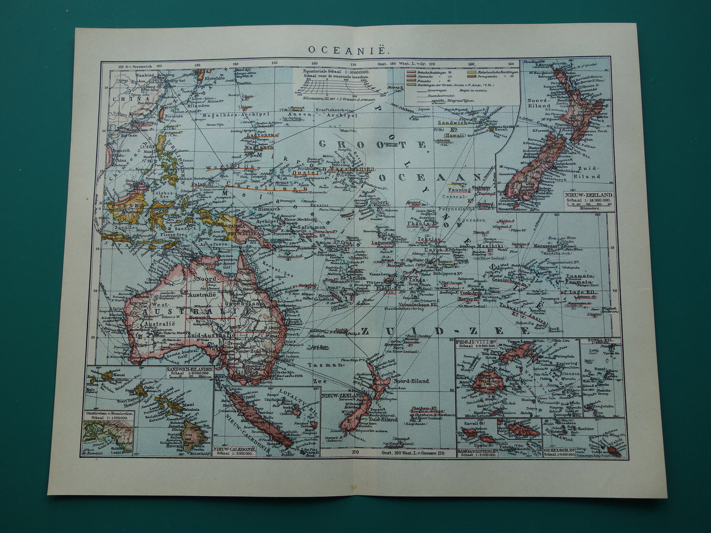 Oude landkaart van Oceanië 1921 originele antieke kaart van Australië Indonesië Polynesië Nieuw-Zeeland vintage print
