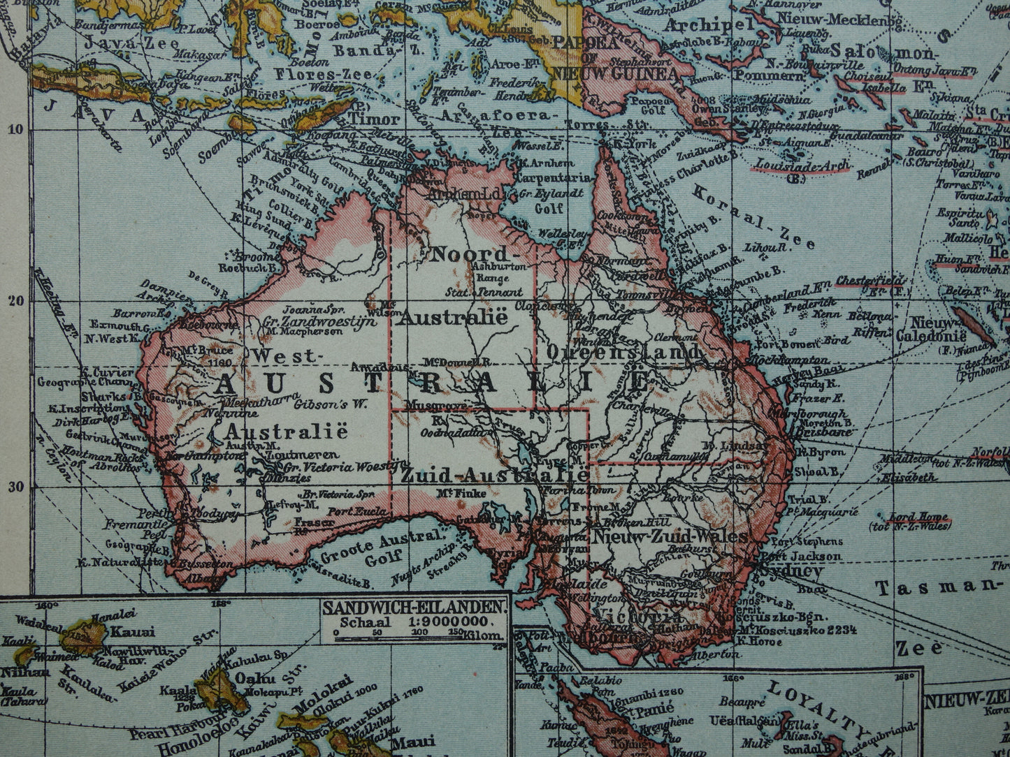 Oude landkaart van Oceanië 1921 originele antieke kaart van Australië Indonesië Polynesië Nieuw-Zeeland vintage print