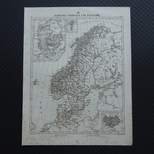 SCANDINAVIE antieke kaart van Zweden, Noorwegen en Denemarken 175+ jaar oude landkaart van Scandinavië  uit 1849 - originele vintage historische kaarten