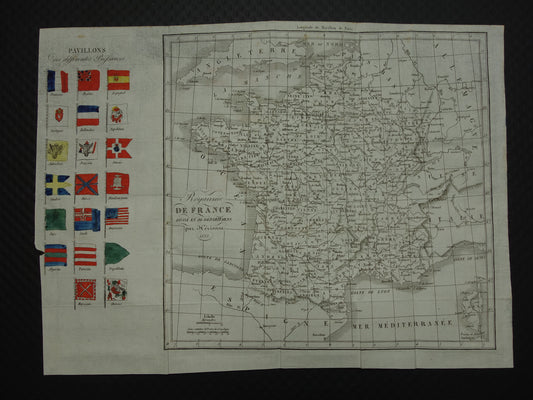 FRANKRIJK oude kaart van Frankrijk in het jaar 1833 Antieke landkaart met vlaggen gedecoreerd