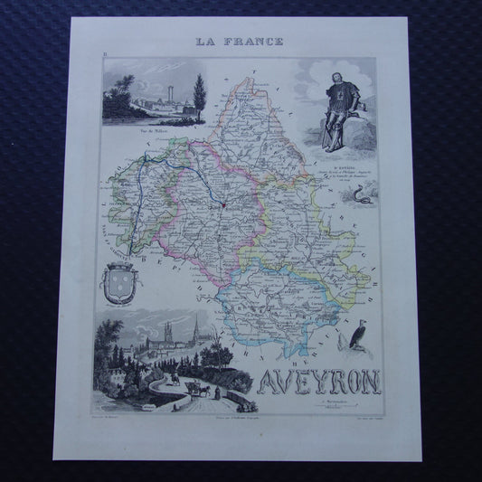 AVEYRON departement Frankrijk oude kaart 1856 originele antieke landkaart Rodez historische kaarten