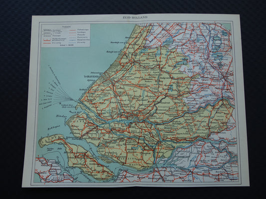 Zuid-Holland Oude landkaart van de provincie Zuid-Holland uit 1939 originele vintage historische kaart