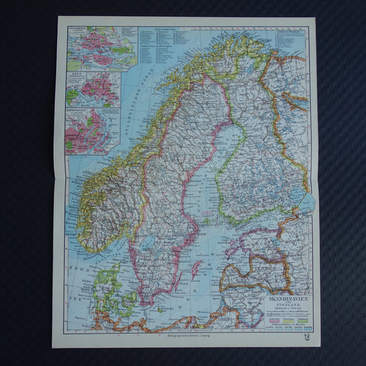 SCANDINAVIE oude kaart van Zweden, Noorwegen en Denemarken uit 1928 landkaart van Scandinavië originele vintage historische kaarten