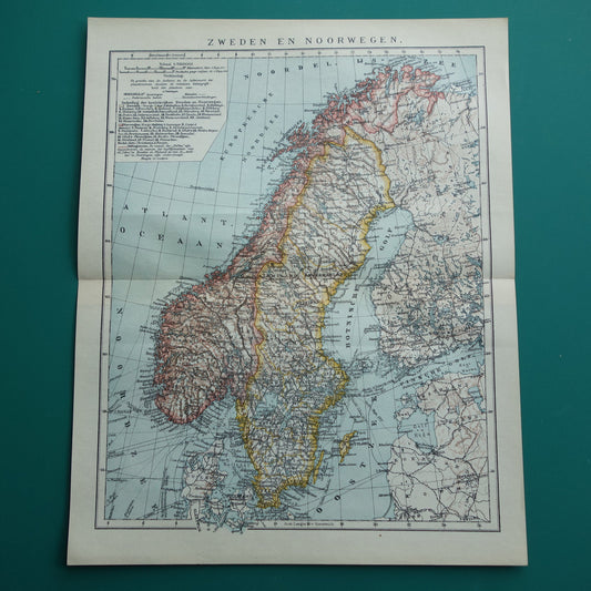 Kaart van Zweden Noorwegen uit 1921 originele oude vintage landkaart Stockholm Oslo Antieke gedetailleerde kaarten