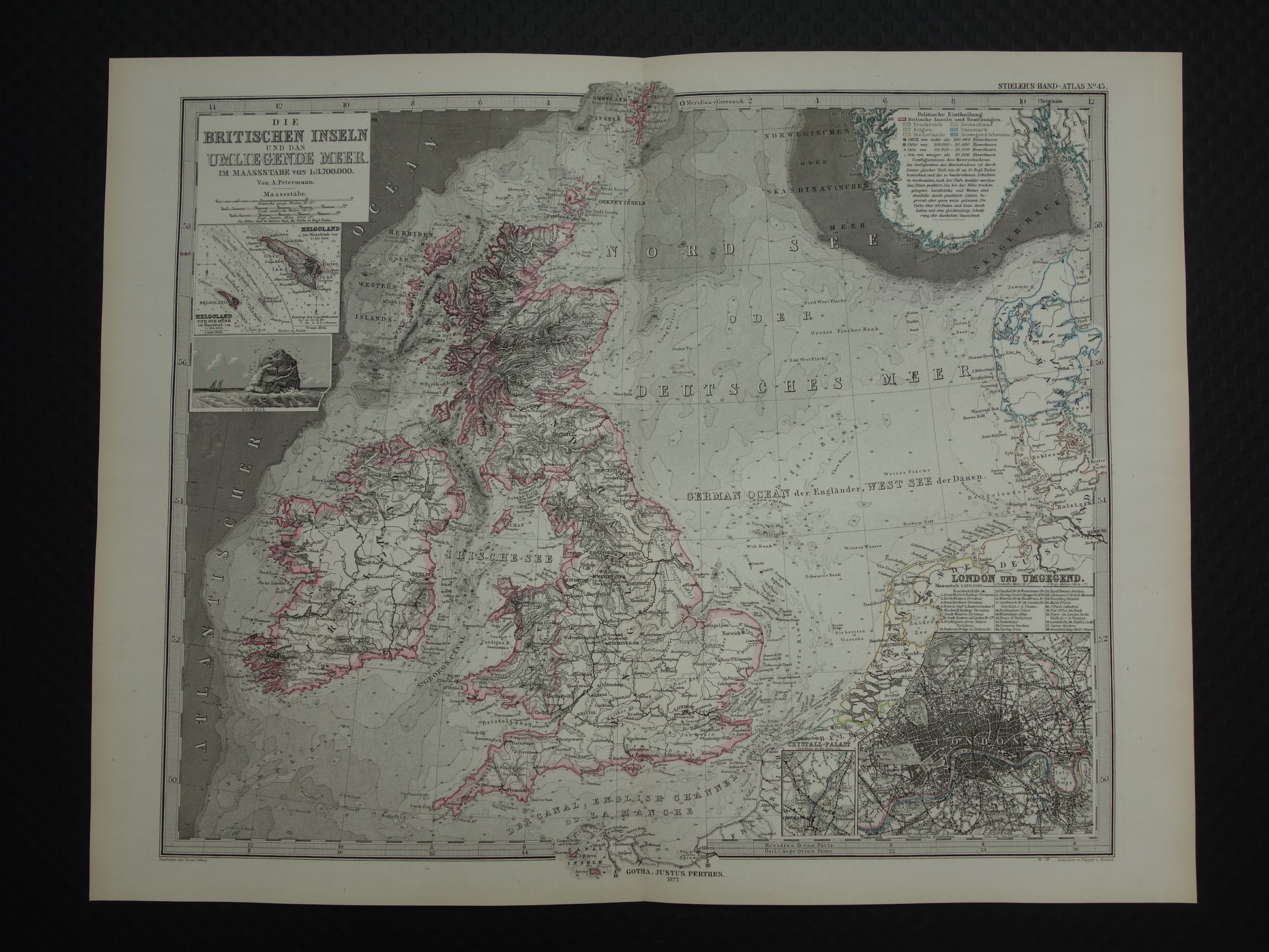NOORDZEE Oude kaart van Britse eilanden Nederland 1877 originele oude antieke Duitse landkaart / zeekaart Engeland