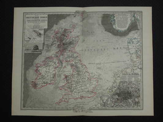 NOORDZEE Oude kaart van Britse eilanden Nederland 1877 originele oude antieke Duitse landkaart / zeekaart Engeland