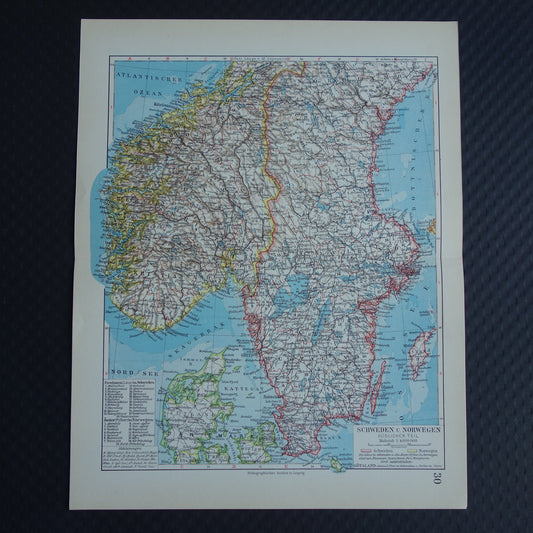 Oude kaart van Zweden en Noorwegen uit 1928 originele vintage landkaart Stockholm Oslo