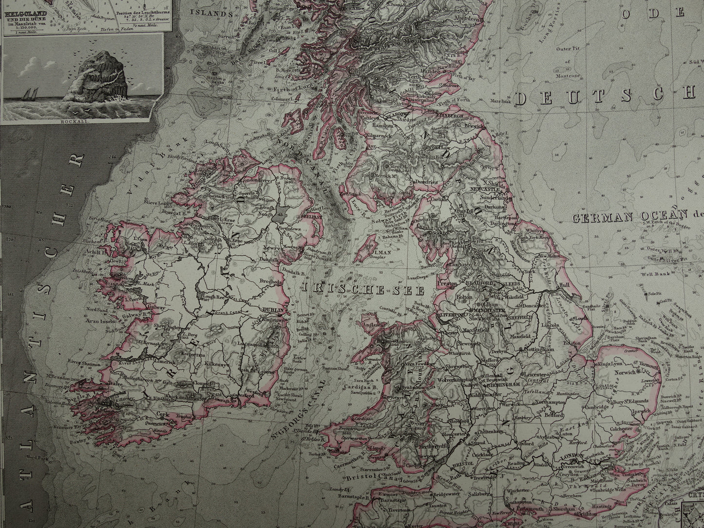 NOORDZEE Oude kaart van Britse eilanden Nederland 1877 originele oude antieke Duitse landkaart / zeekaart Engeland