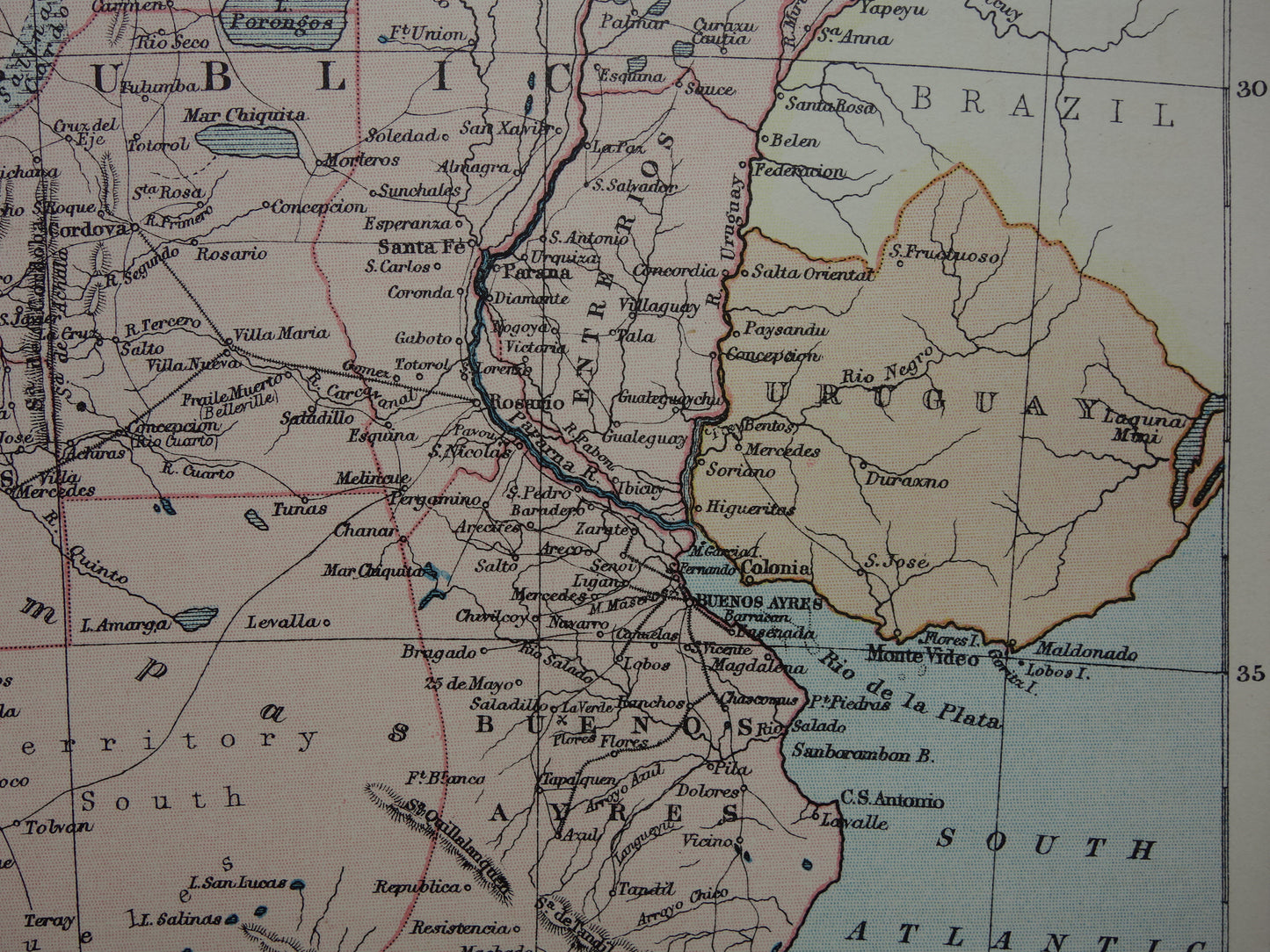 ARGENTINIE oude landkaart van Argentinië uit 1875 originele antieke Engelse kaart van de Argentijnse Republiek