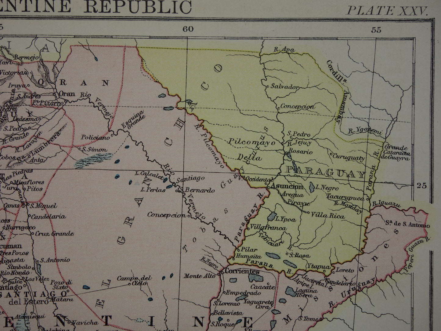 ARGENTINIE oude landkaart van Argentinië uit 1875 originele antieke Engelse kaart van de Argentijnse Republiek