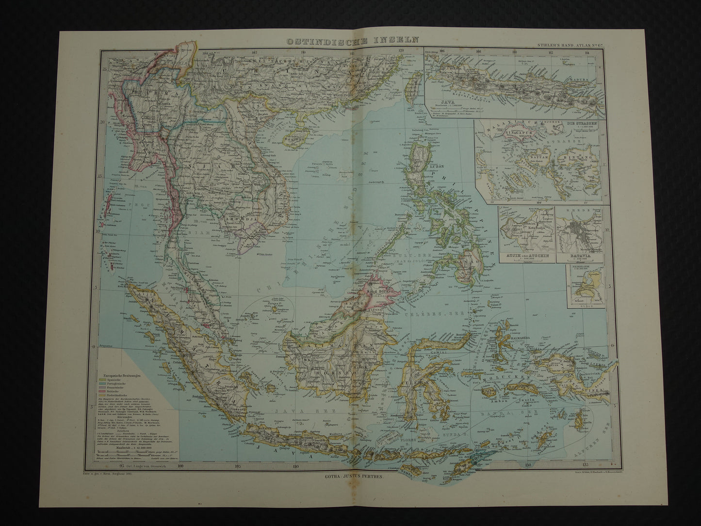 INDONESIË antieke kaart van Indonesië Filipijnen Zuidoost-Azië 1881 Mooie originele oude landkaart van Batavia Atjeh Java