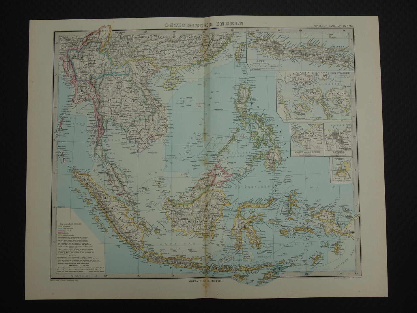 INDONESIË antieke kaart van Indonesië Filipijnen Zuidoost-Azië 1881 Mooie originele oude landkaart van Batavia Atjeh Java