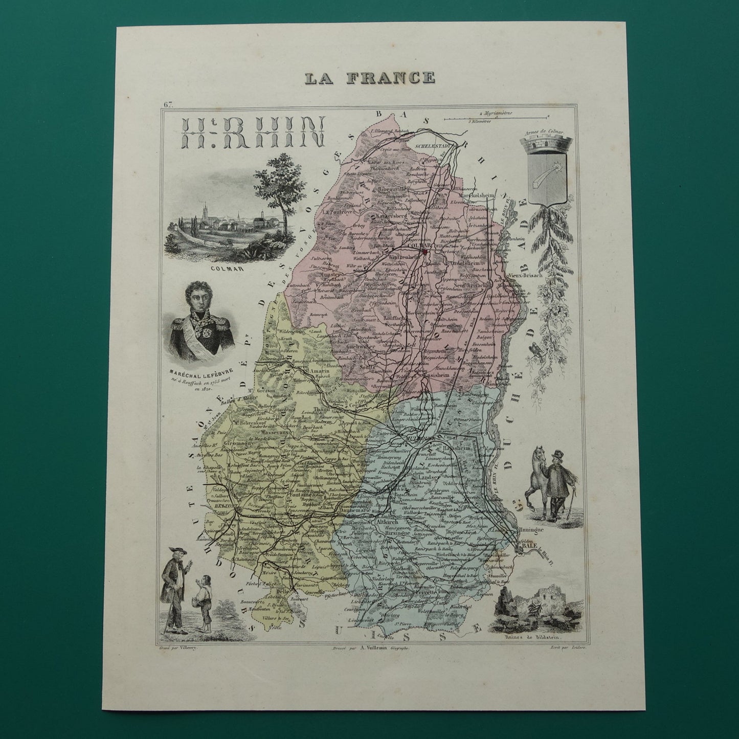 Haut-Rhin Frankrijk Oude kaart uit 1870 originele antieke handgekleurde landkaart Colmar