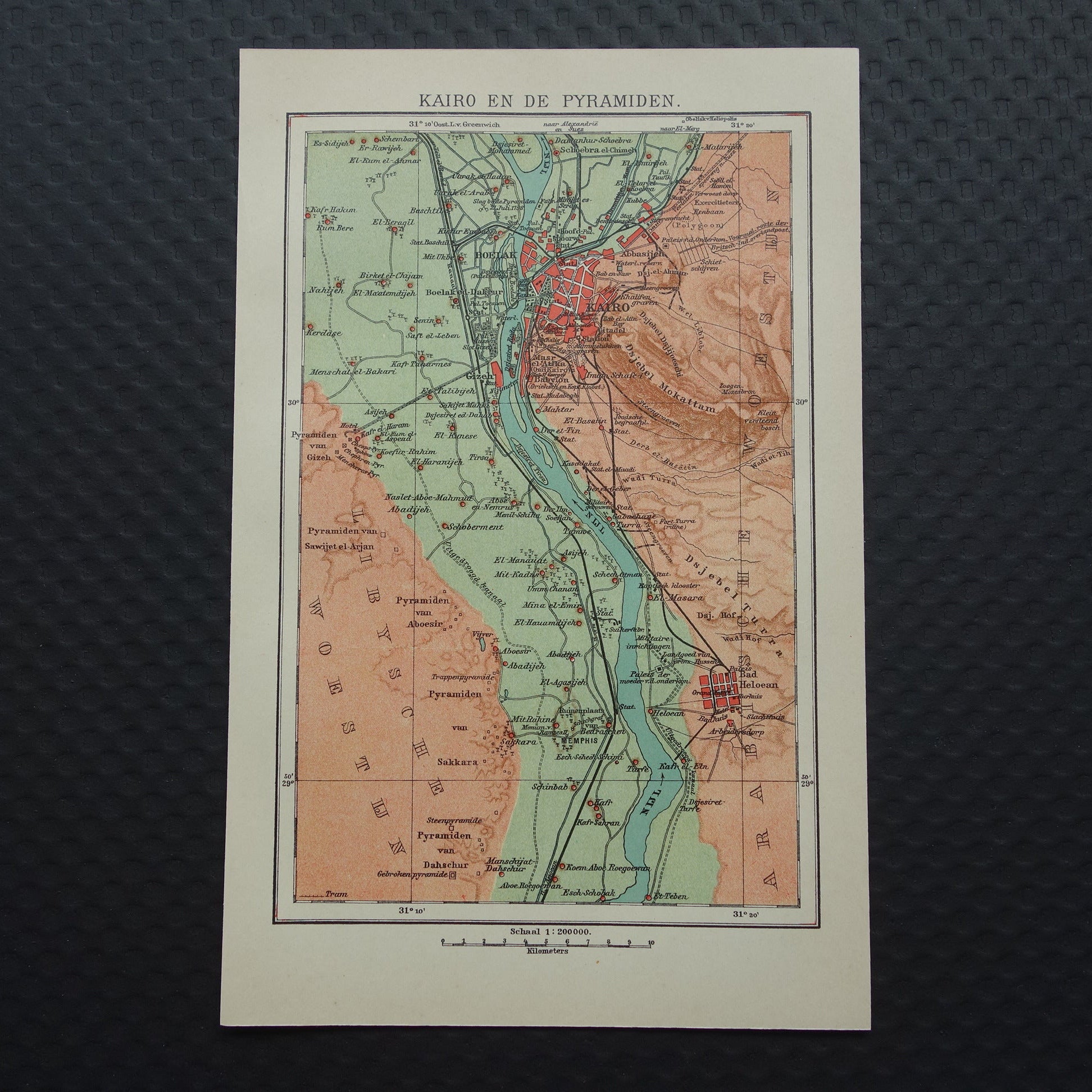 Oude kaart van Caïro Egypte uit 1909 antieke Nederlandse plattegrond van Cairo en de pyramiden