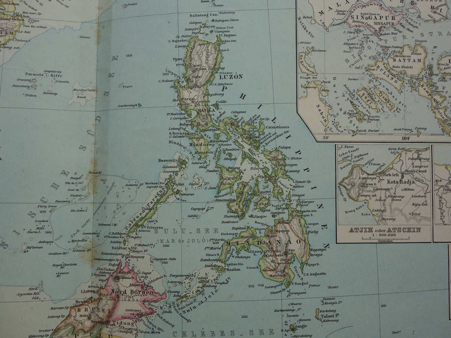INDONESIË antieke kaart van Indonesië Filipijnen Zuidoost-Azië 1881 Mooie originele oude landkaart van Batavia Atjeh Java