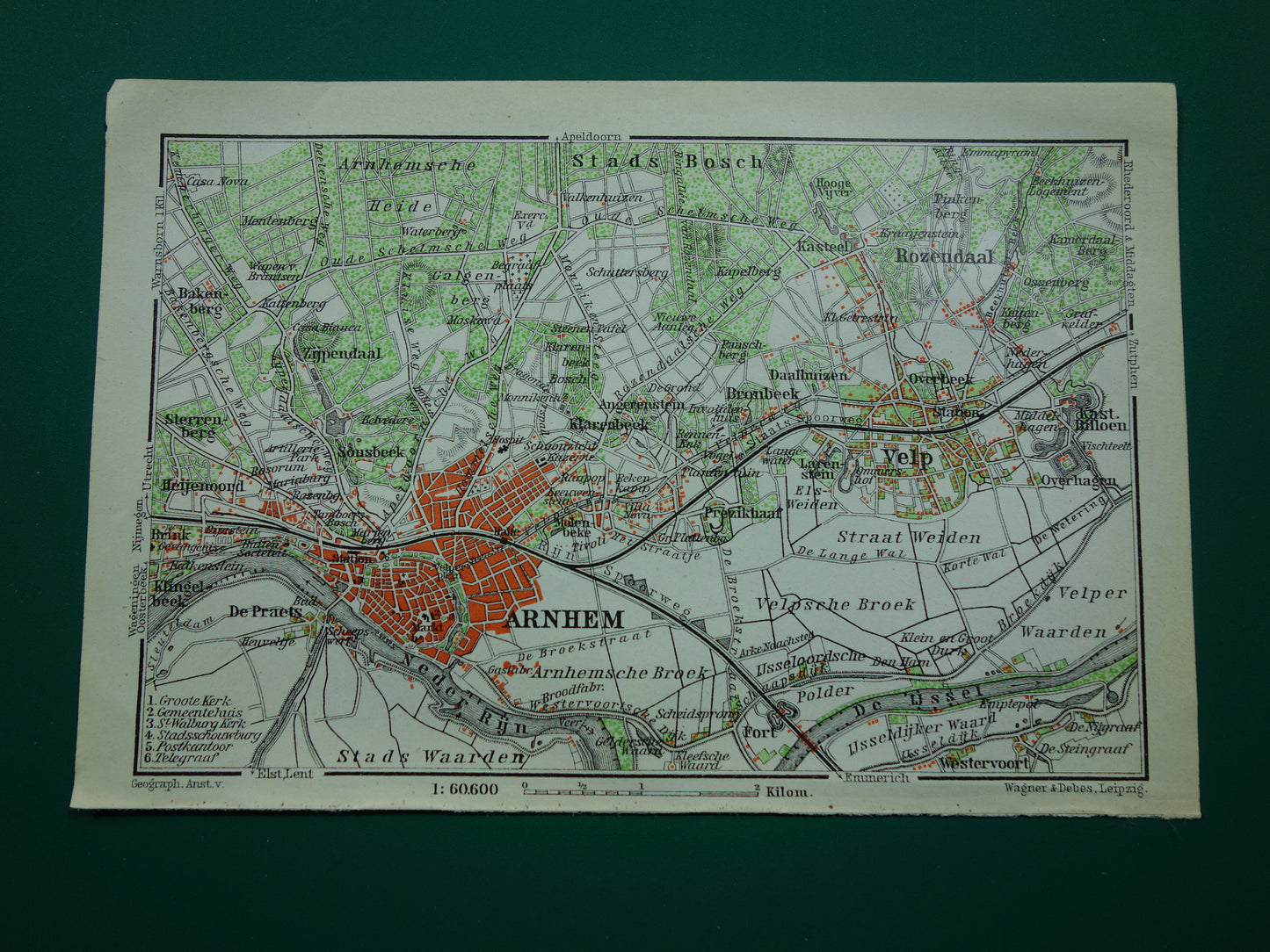 ARNHEM 1910 kleine antieke landkaart / plattegrond van Arnhem en omgeving originele oude kaart Velp Rozendaal
