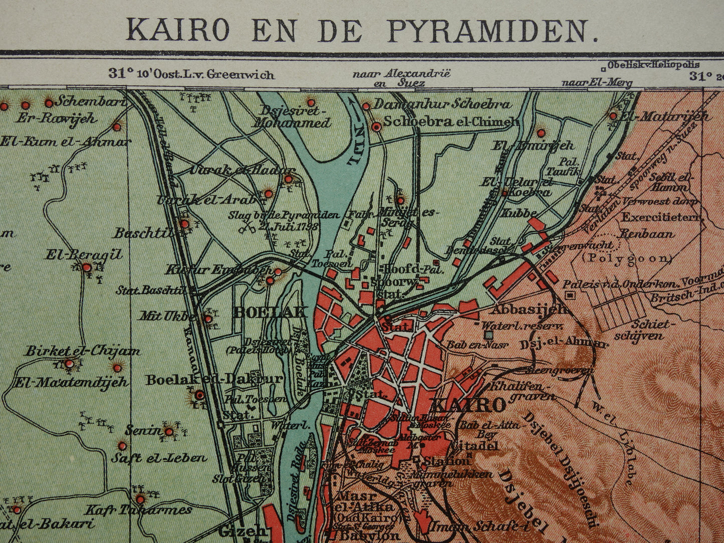 Oude kaart van Caïro Egypte uit 1909 antieke Nederlandse plattegrond van Cairo en de pyramiden
