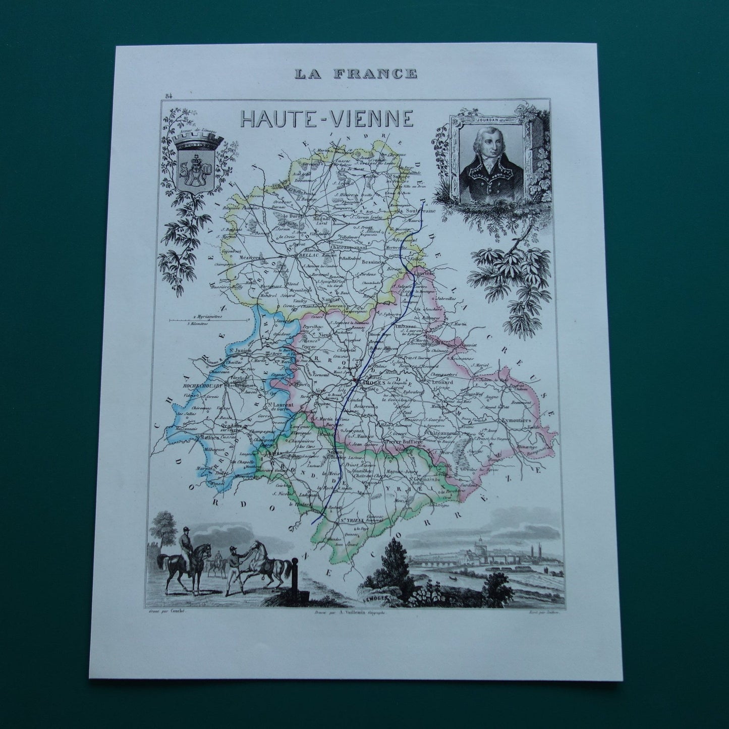 Oude kaart van HAUTE-VIENNE departement in Frankrijk uit 1856 originele antieke handgekleurde landkaart Limoges