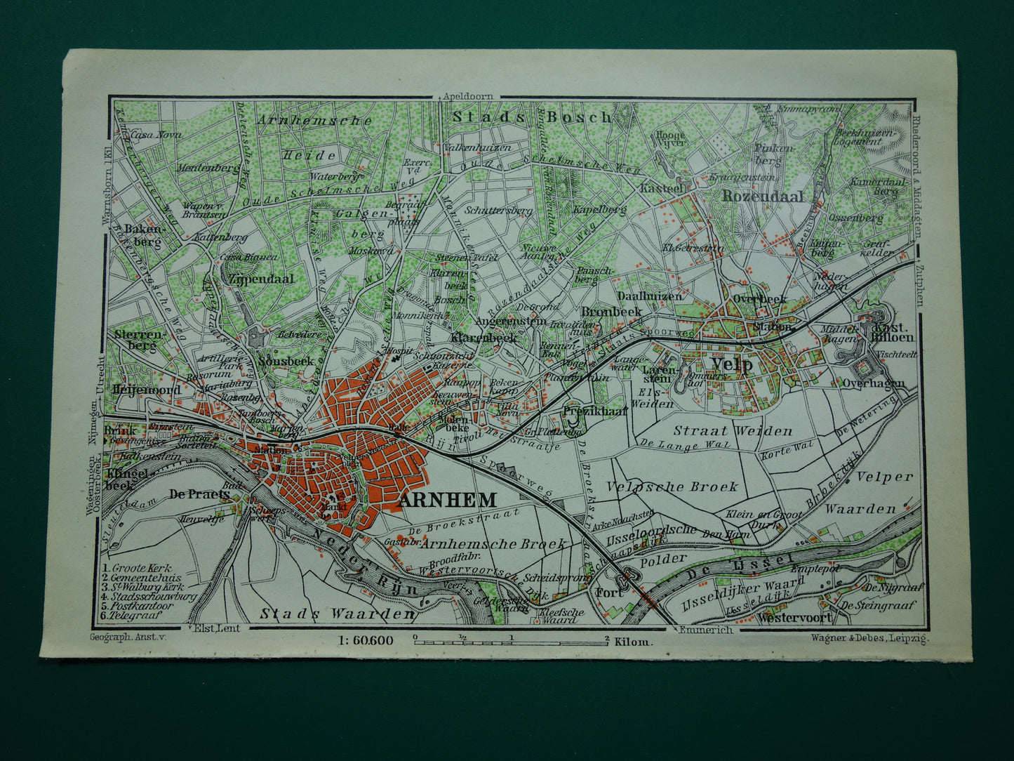 ARNHEM 1910 kleine antieke landkaart / plattegrond van Arnhem en omgeving originele oude kaart Velp Rozendaal