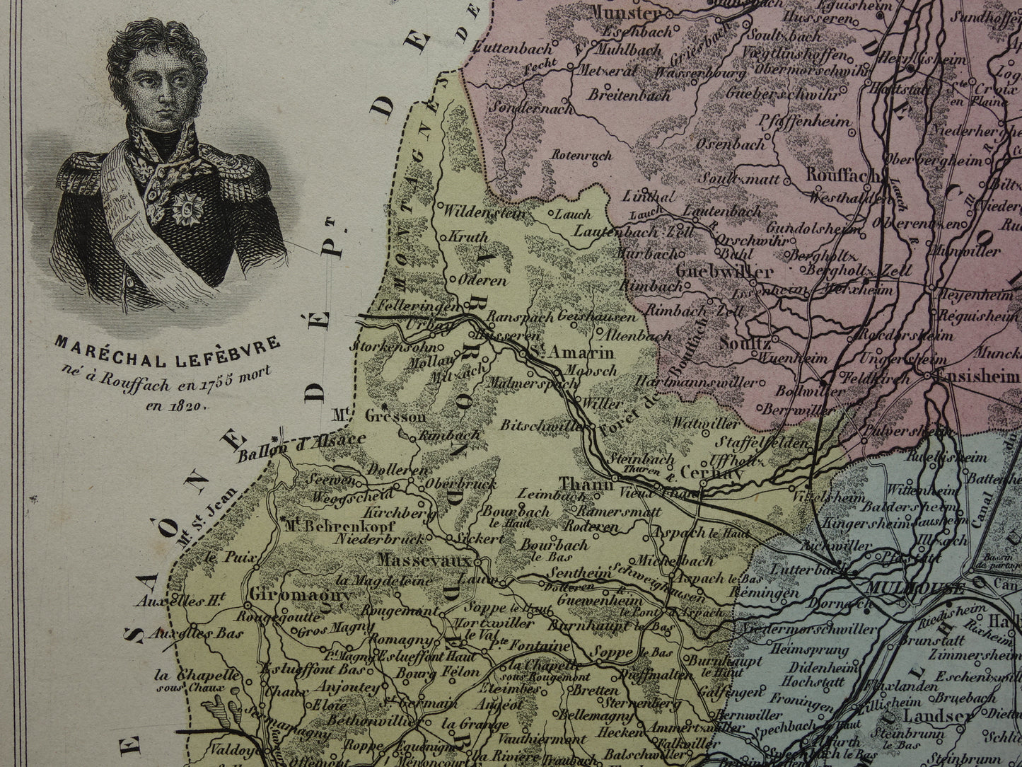 Haut-Rhin Frankrijk Oude kaart uit 1870 originele antieke handgekleurde landkaart Colmar
