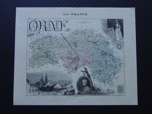 Oude kaart van ORNE departement in Frankrijk uit 1870 originele antieke handgekleurde landkaart Alençon Fiers Argentan Sees