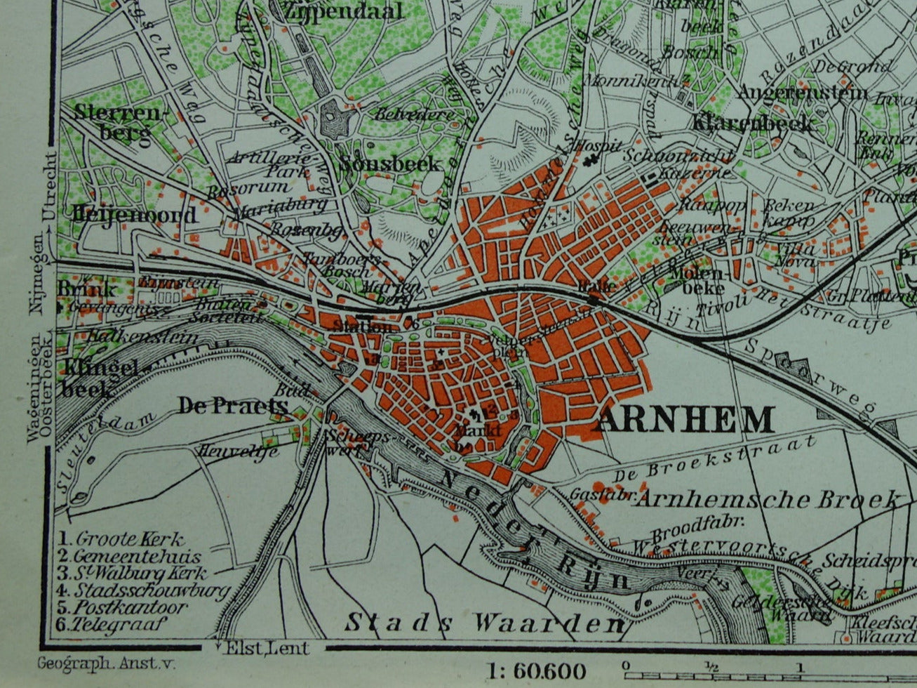 ARNHEM 1910 kleine antieke landkaart / plattegrond van Arnhem en omgeving originele oude kaart Velp Rozendaal