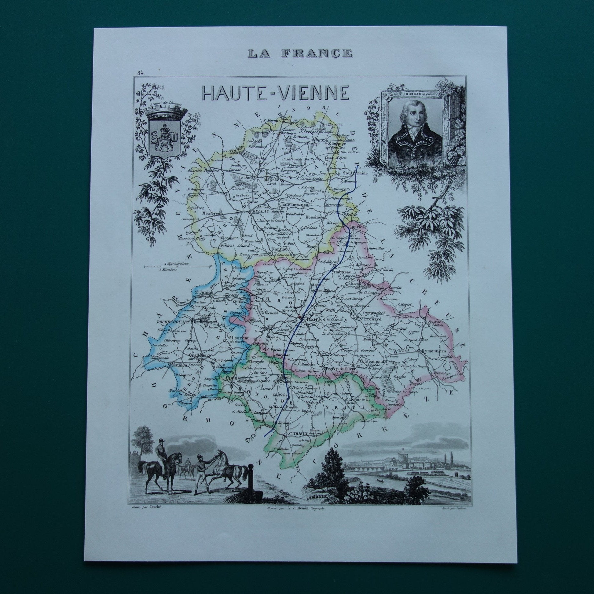 Oude kaart van HAUTE-VIENNE departement in Frankrijk uit 1856 originele antieke handgekleurde landkaart Limoges