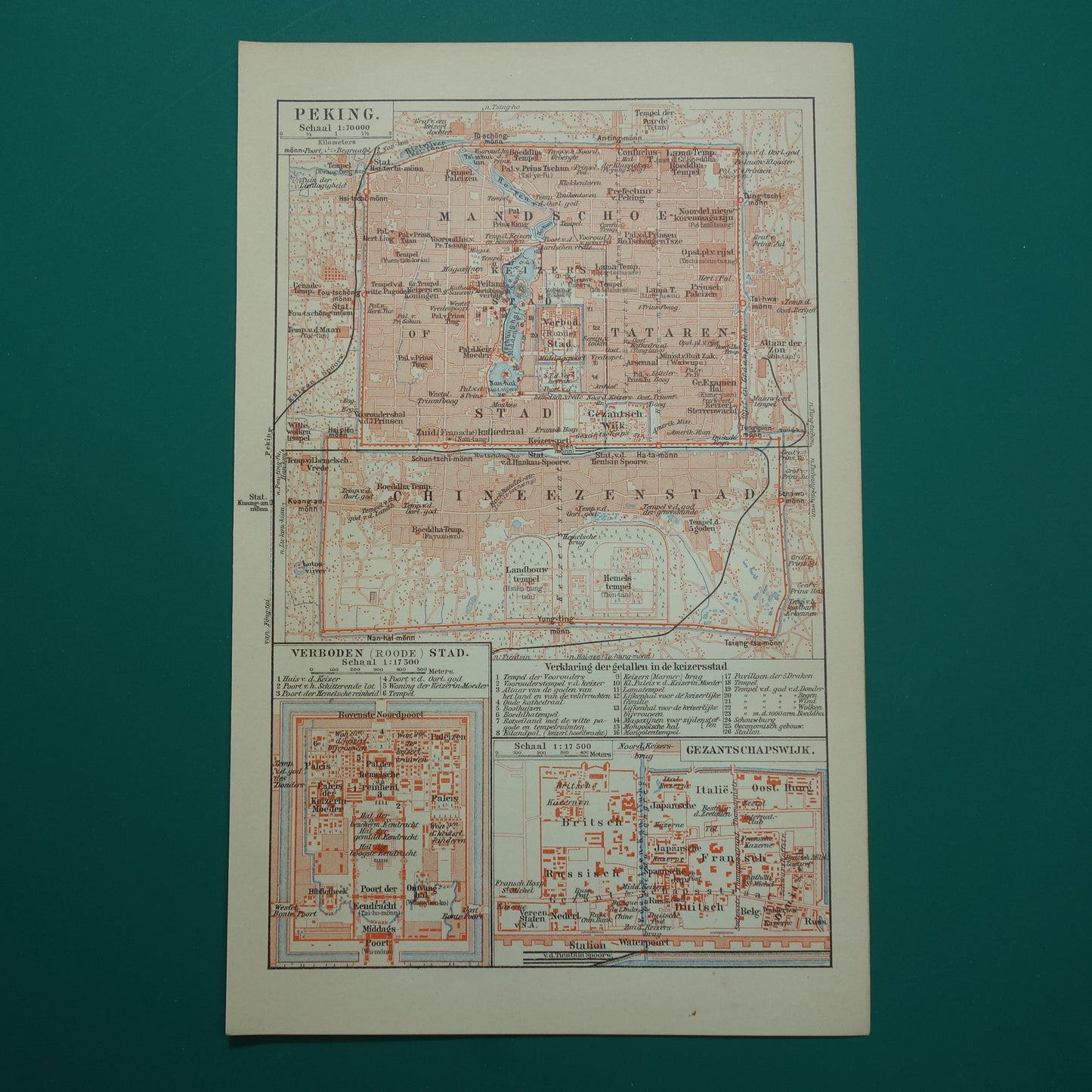 Beijing oude kaart van Peking China 1910 originele antieke Nederlandse kleine plattegrond Verboden Stad