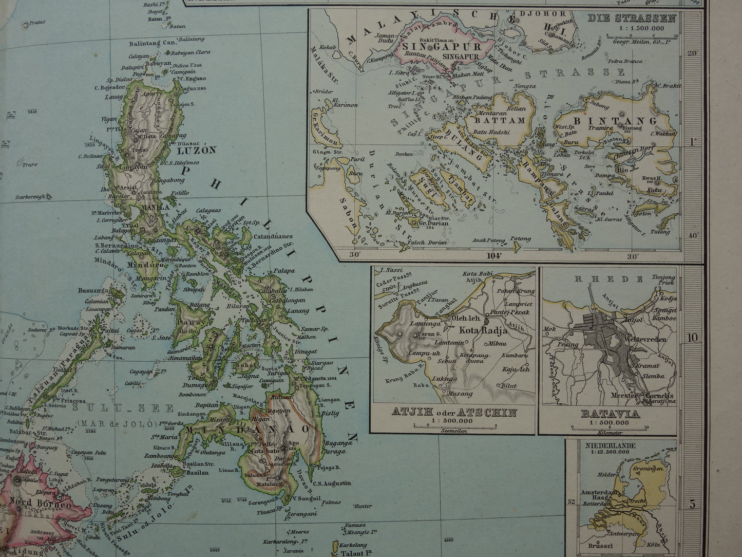 INDONESIË antieke kaart van Indonesië Filipijnen Zuidoost-Azië 1881 Mooie originele oude landkaart van Batavia Atjeh Java