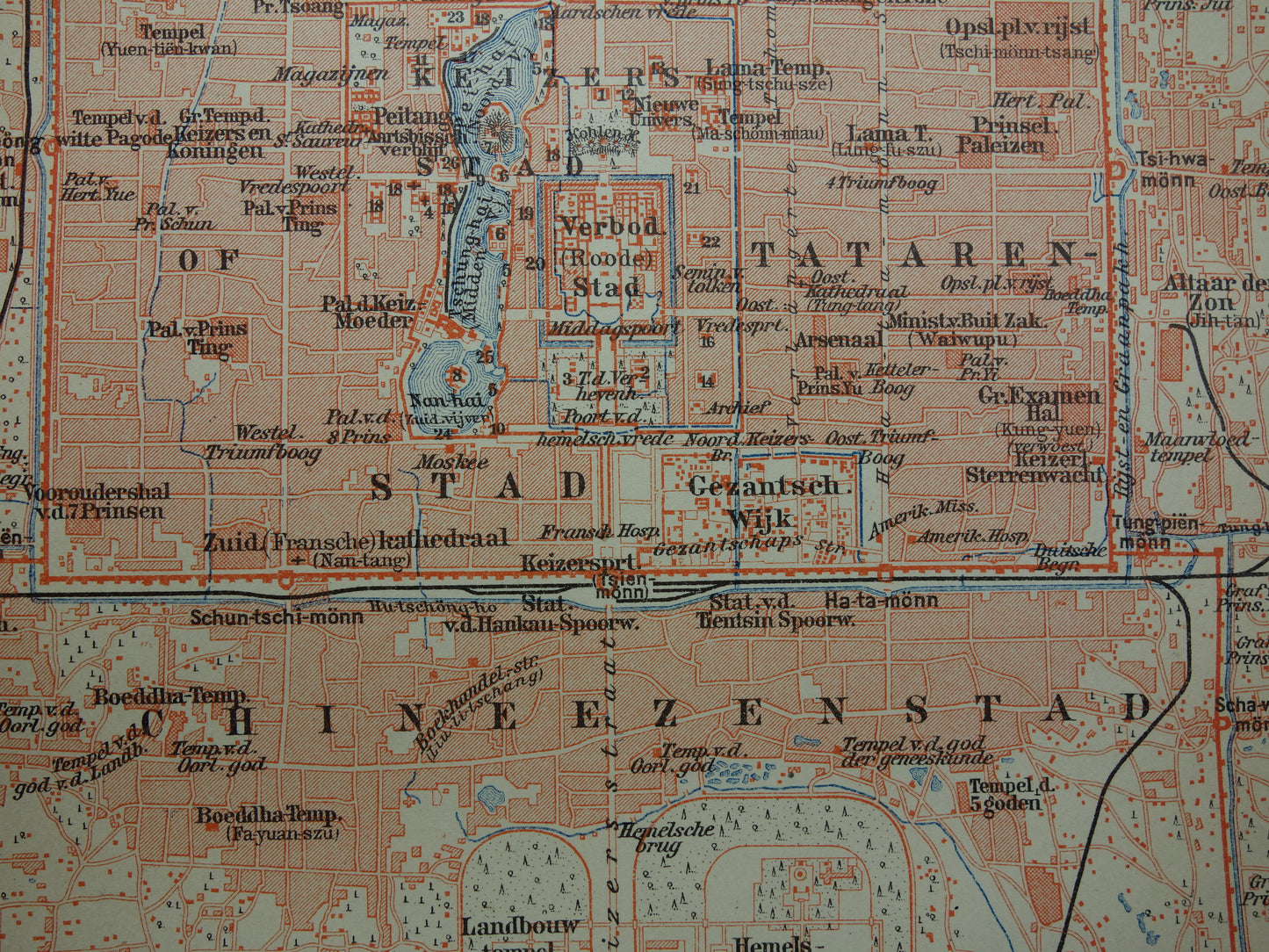 Beijing oude kaart van Peking China 1910 originele antieke Nederlandse kleine plattegrond Verboden Stad