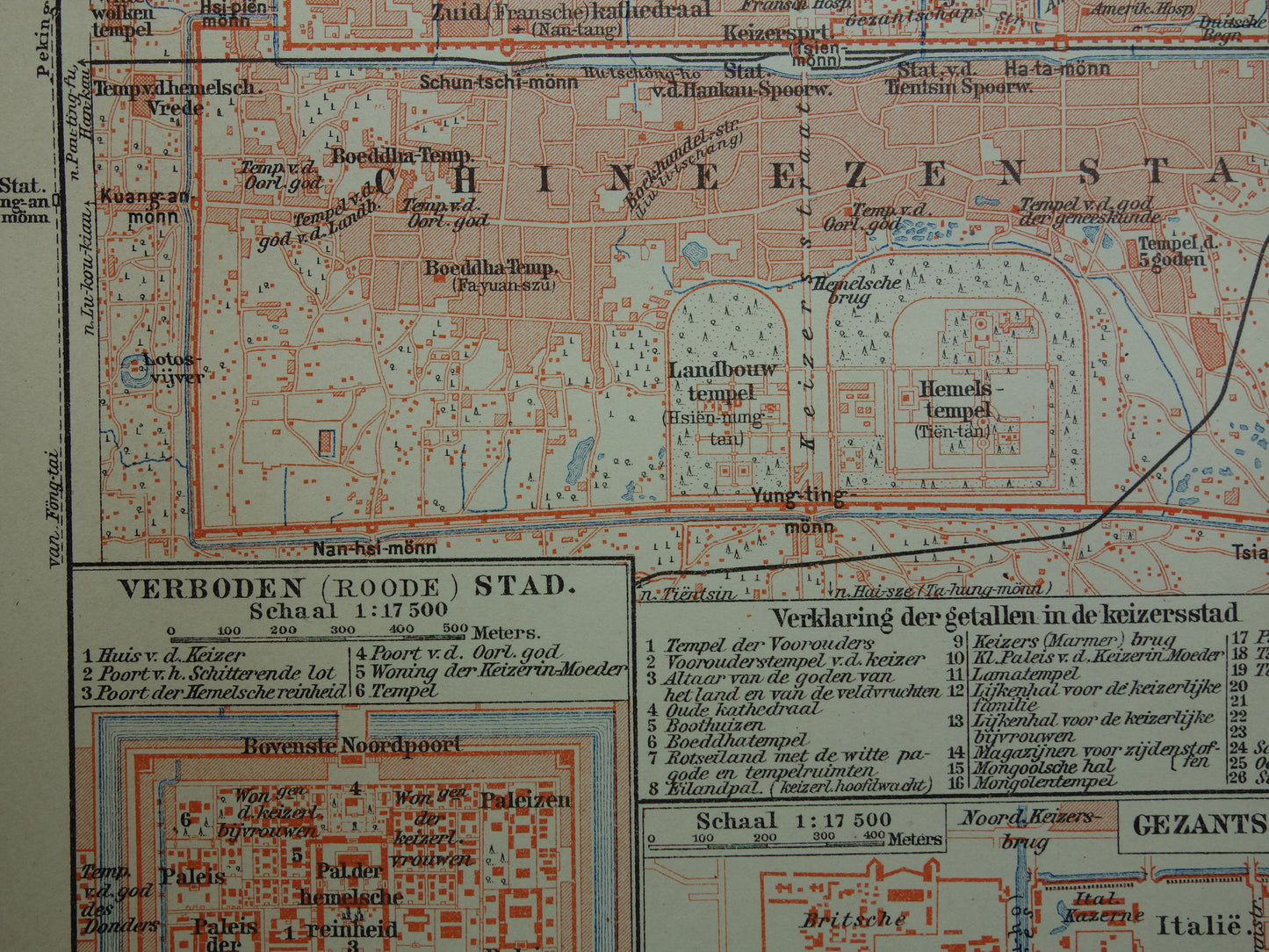 Beijing oude kaart van Peking China 1910 originele antieke Nederlandse kleine plattegrond Verboden Stad