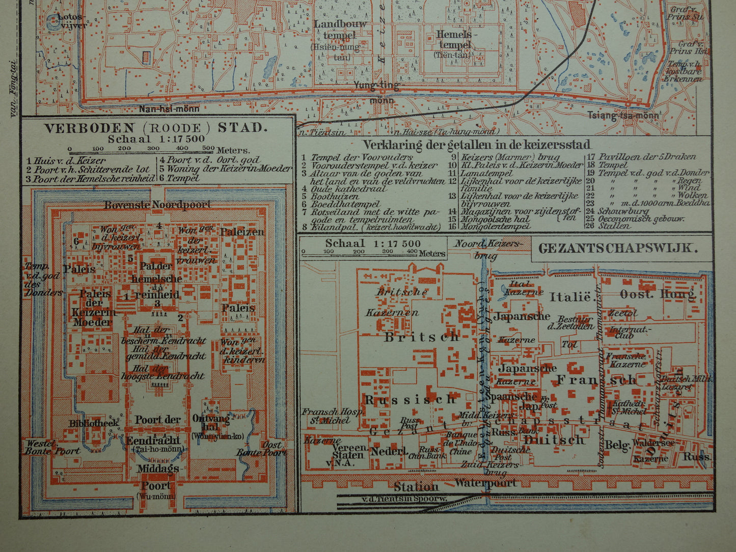 Beijing oude kaart van Peking China 1910 originele antieke Nederlandse kleine plattegrond Verboden Stad