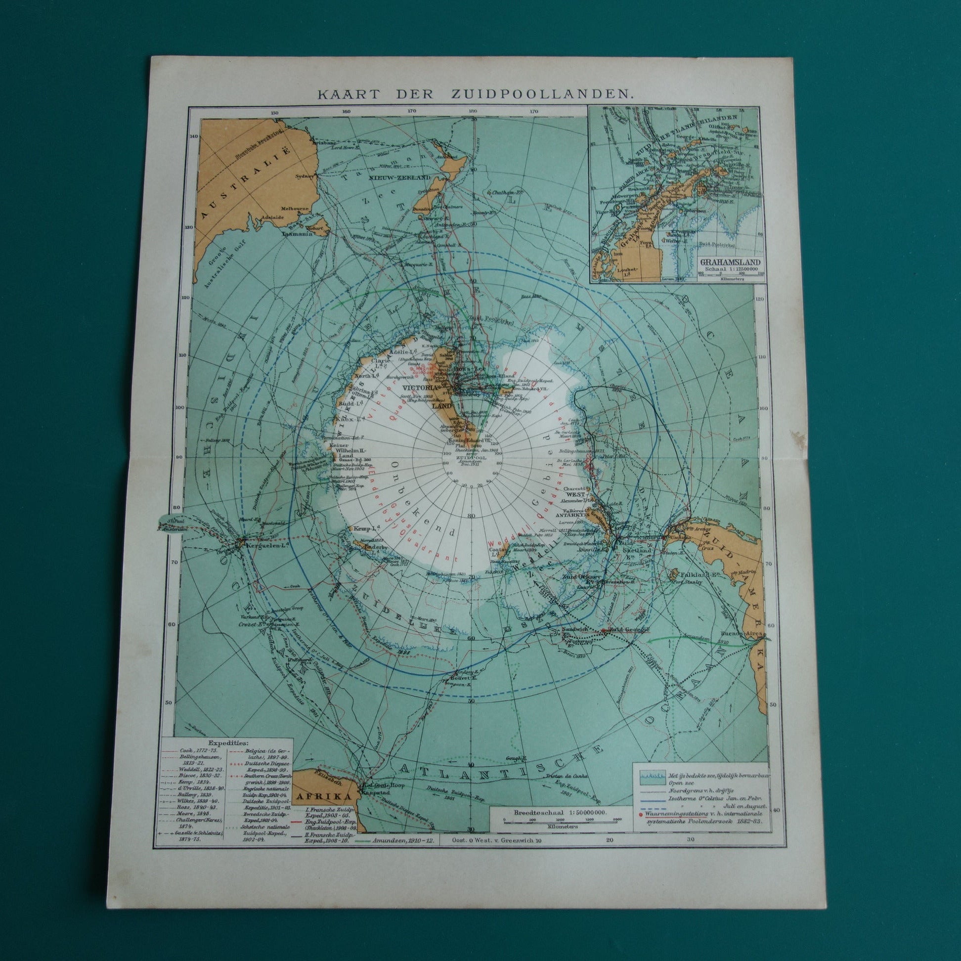 ZUIDPOOL oude kaart van het Zuidpoolgebied 1912 originele antieke Nederlandse landkaart van Antarctica
