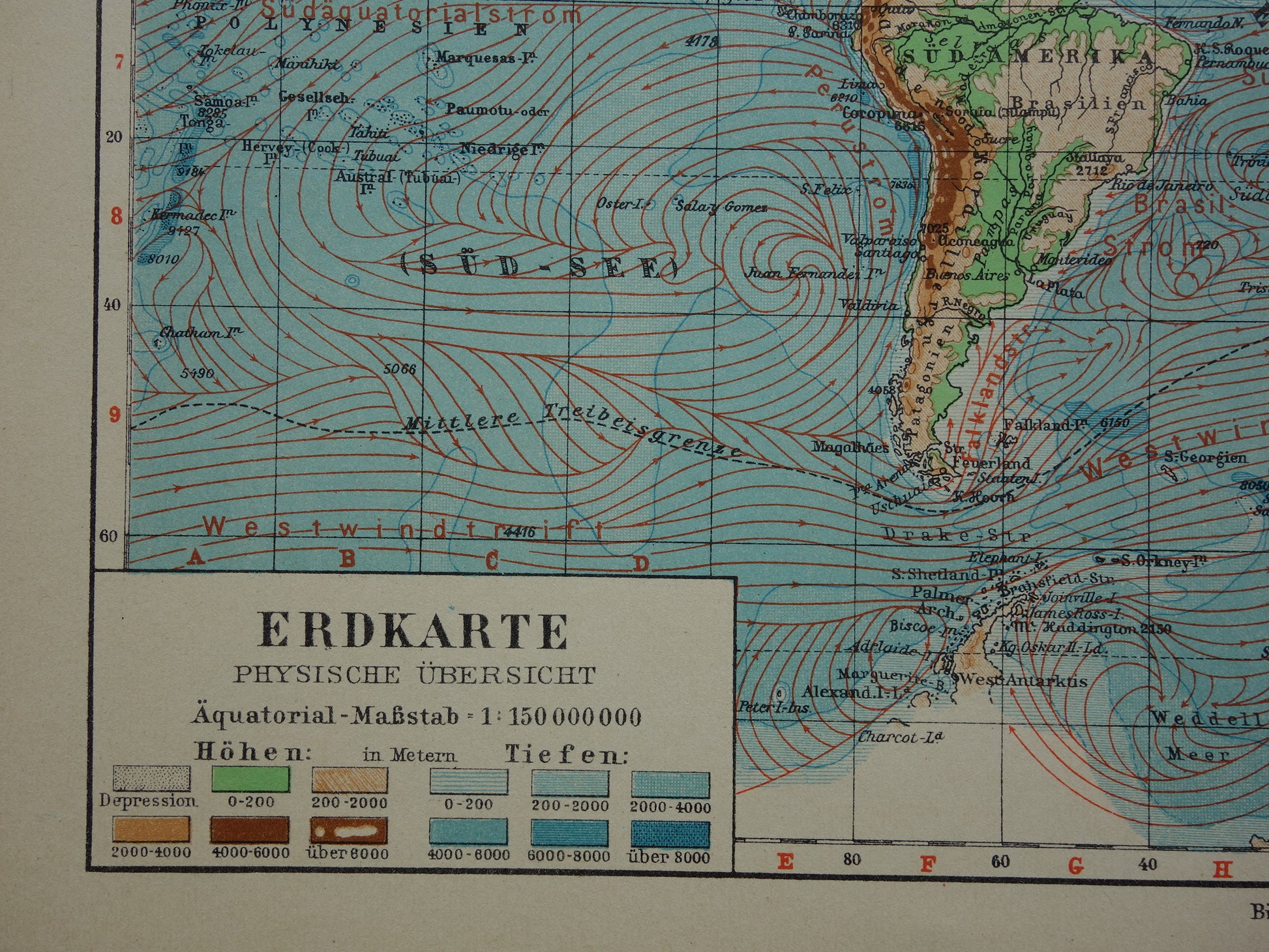 oude fysieke wereldkaart originele vintage kaarten bergen zeestromingen diepten hoogtes hoogten