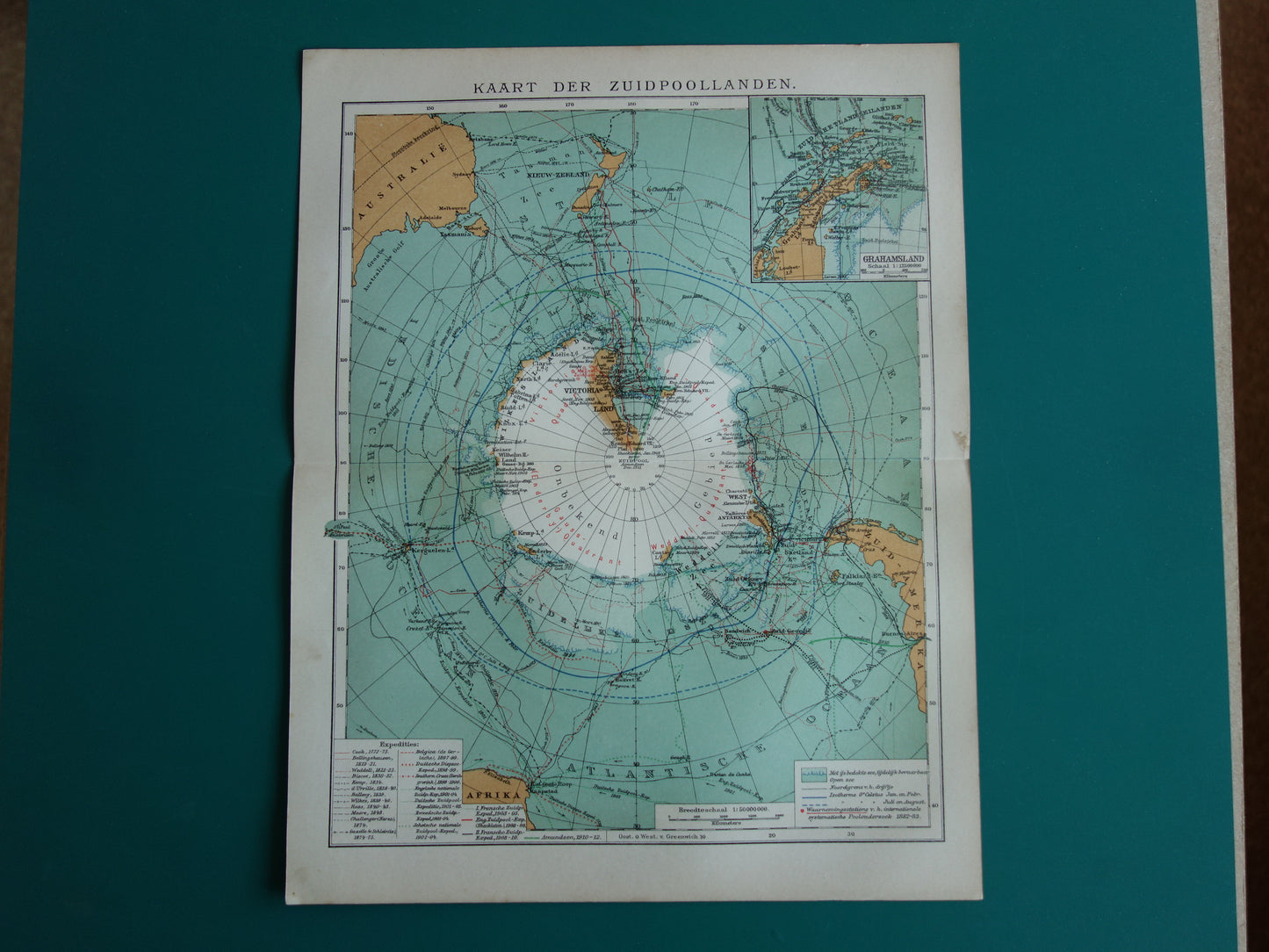 ZUIDPOOL oude kaart van het Zuidpoolgebied 1912 originele antieke Nederlandse landkaart van Antarctica