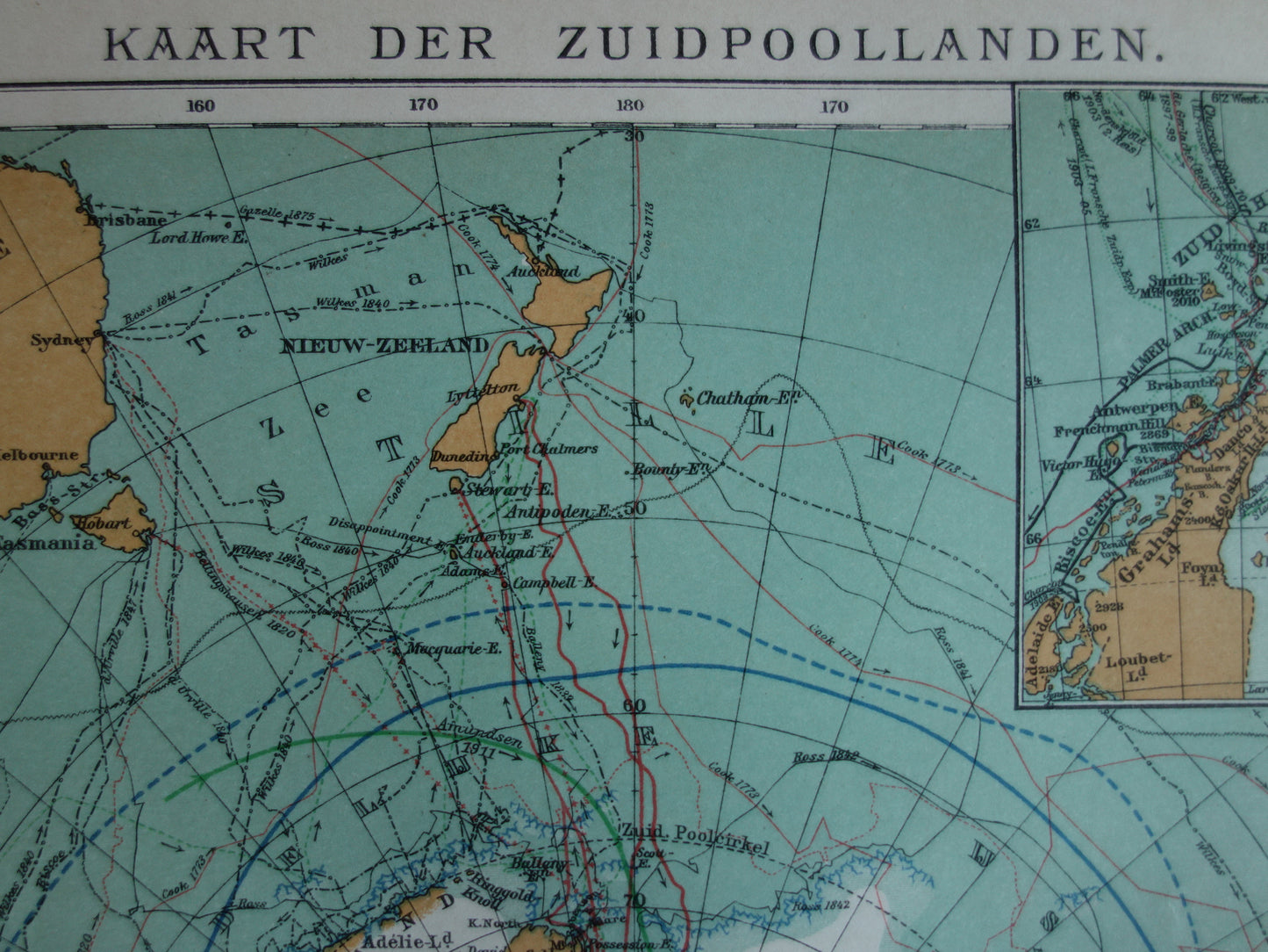 ZUIDPOOL oude kaart van het Zuidpoolgebied 1912 originele antieke Nederlandse landkaart van Antarctica