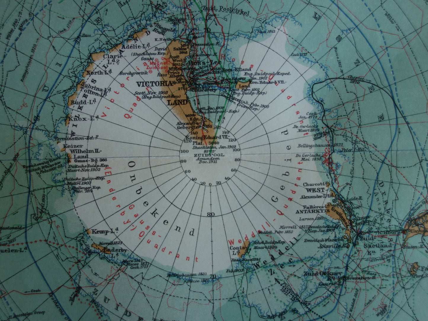 ZUIDPOOL oude kaart van het Zuidpoolgebied 1912 originele antieke Nederlandse landkaart van Antarctica