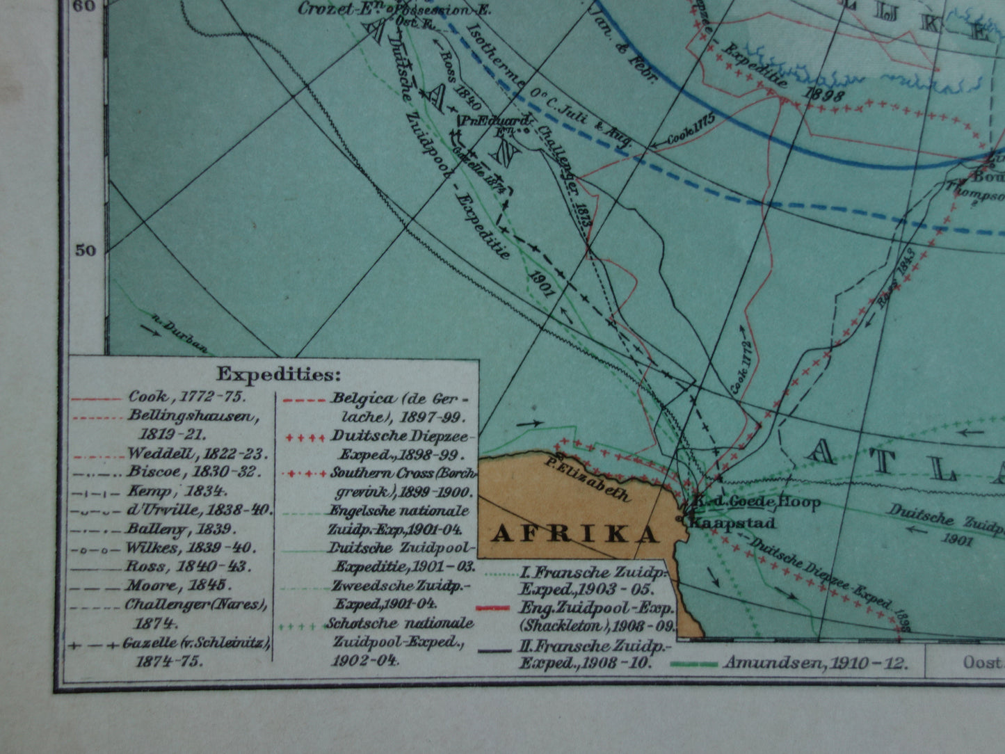 ZUIDPOOL oude kaart van het Zuidpoolgebied 1912 originele antieke Nederlandse landkaart van Antarctica