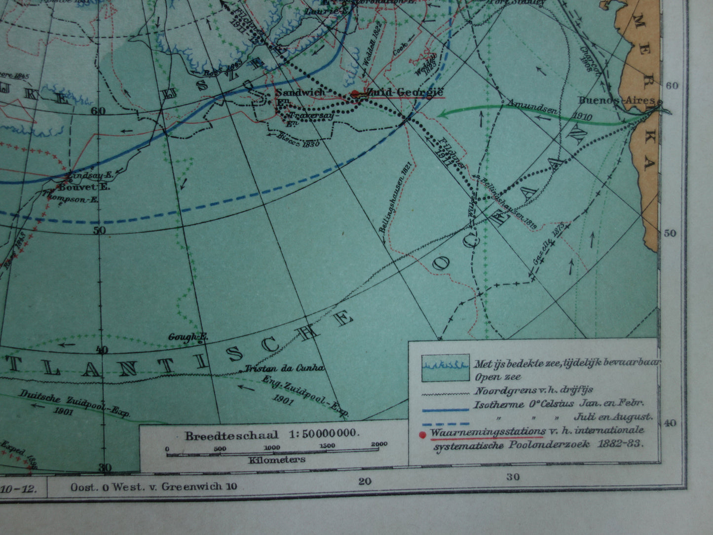 ZUIDPOOL oude kaart van het Zuidpoolgebied 1912 originele antieke Nederlandse landkaart van Antarctica