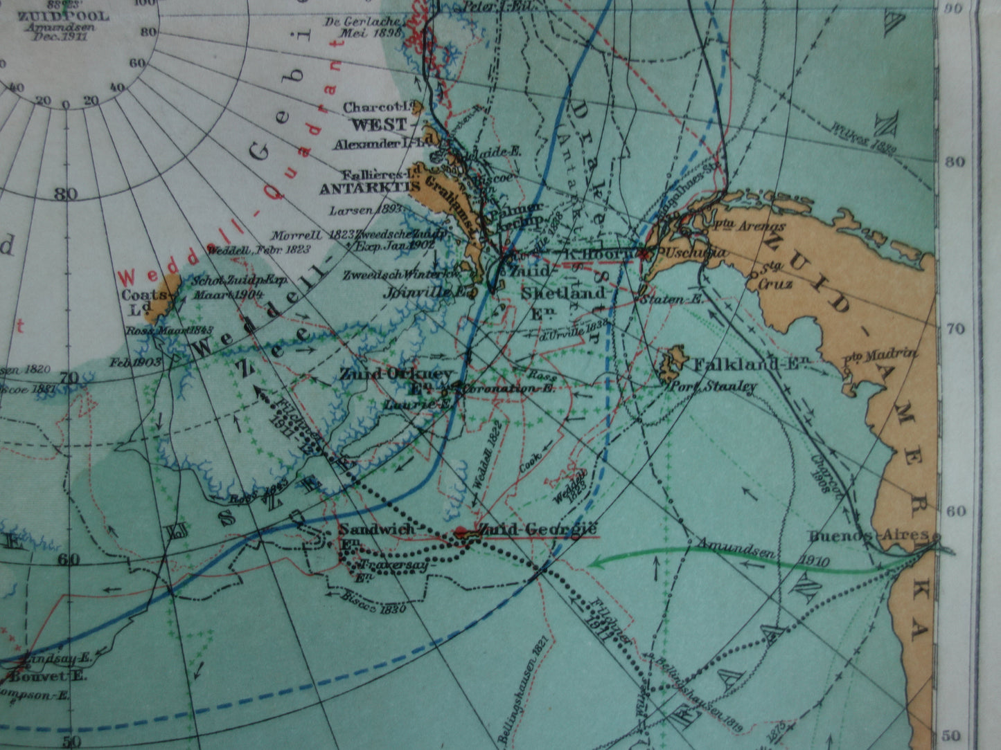 ZUIDPOOL oude kaart van het Zuidpoolgebied 1912 originele antieke Nederlandse landkaart van Antarctica